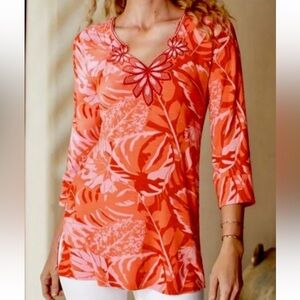Soft Surroundings Coral and Pink Floral V-Neck Tunic
